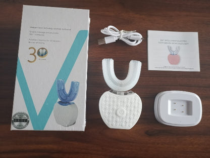 Intelligente, automatische elektrische Zahnbürste mit 360°-Drehfunktion, wasserdicht, U-förmig, aufhellend mit blauem Licht, USB-Ladefunktion